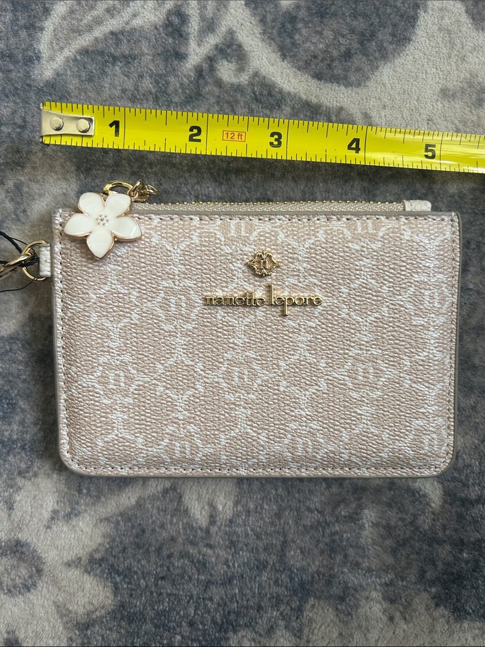 Nanette Lepore Metallic Beige Logo Zip Card Holder with Flower Charm